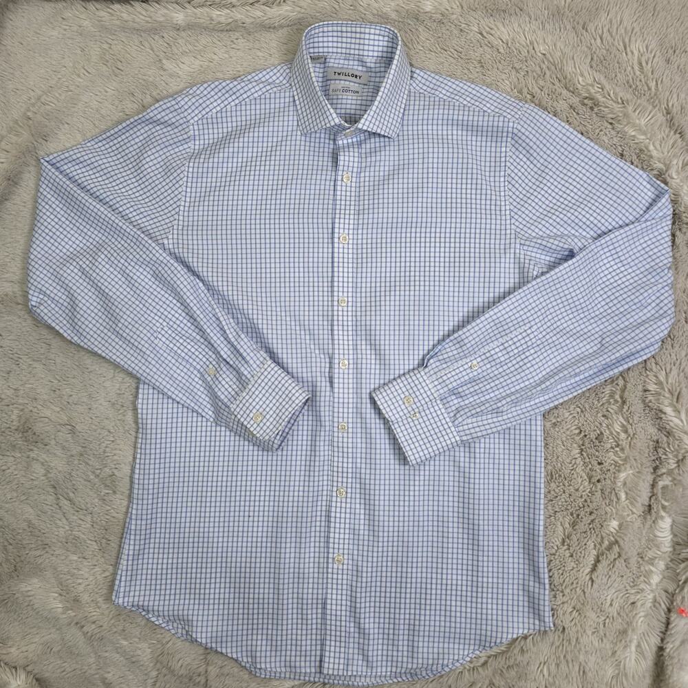 TWILLORY Dress Shirt Men's Size 16 1/2 36/37 Safe Cotton Non Iron Blue Plaid